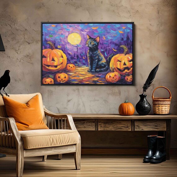Black Cat Halloween Jack O Lantern Pumpkins Full Moon Whimsical Painting Print