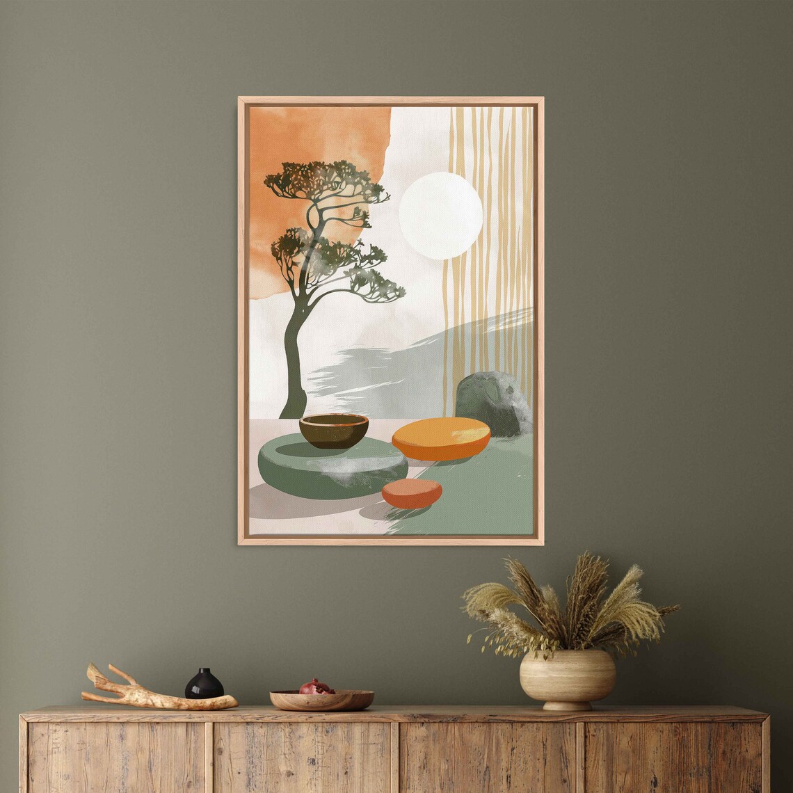 Zen Garden Bonsai Style Tree Full Moon Stacked Stones Earthy Calm Wall Art - Image 3