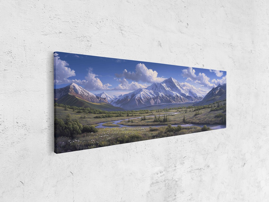 Denali National Park Panoramic Landscape Painting River Leading Up To Mountains Wall Art Print Cloudy Sky Open Field - Image 4