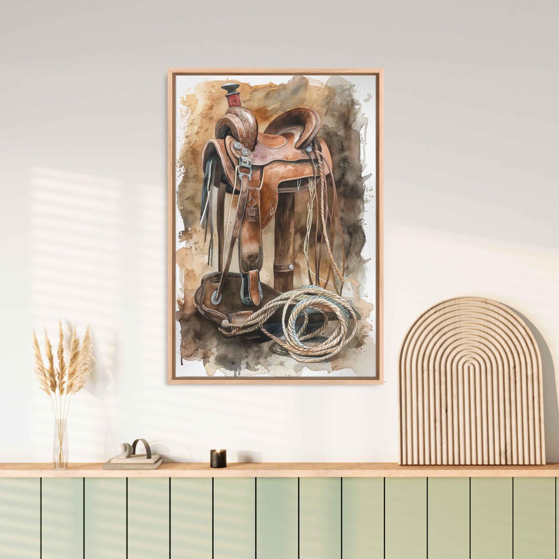 Western Horse Saddle With Coiled Lasso Watercolor Rustic Art Print - Image 3