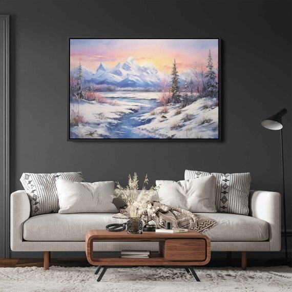 Talkeetna Alaska Uplifting Mountains Painting Wall Art Print Beautiful Snowy Mountain Range Frozen River Ready To Hang