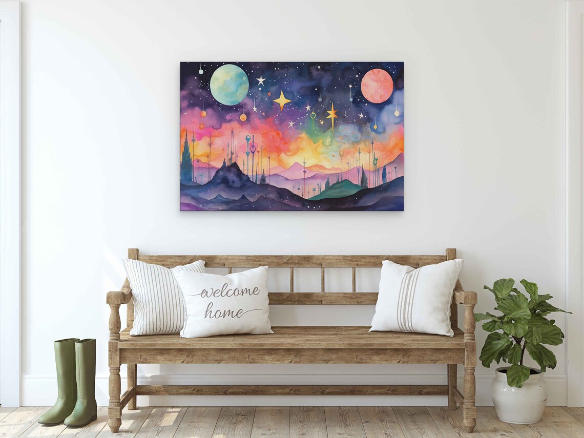 Starry Celestial Mountains With Hanging Stars And Twin Moons Print - Image 2