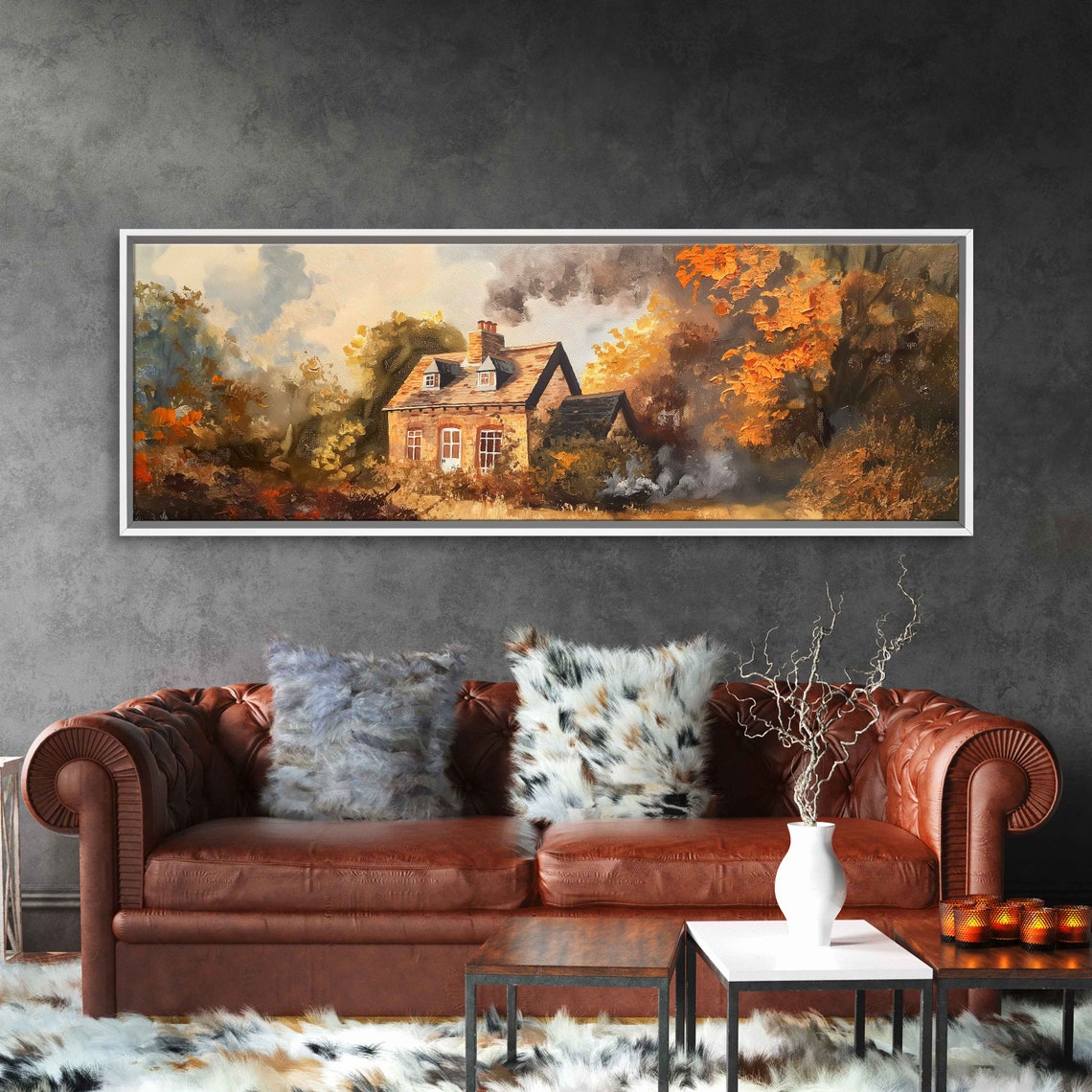 Stone Cottage In Autumn Woods With Chimney Smoke Fall Landscape Poster - Image 3