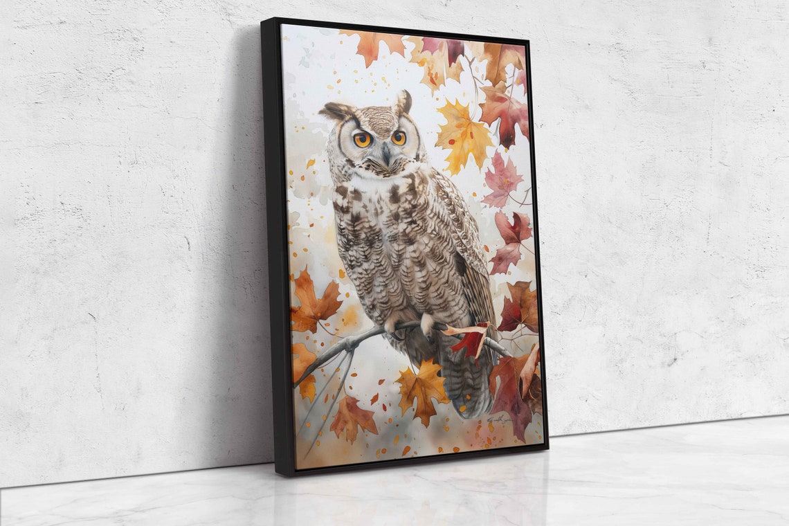 Great Horned Owl Perched On Branch With Autumn Leaves Art Poster - Image 4