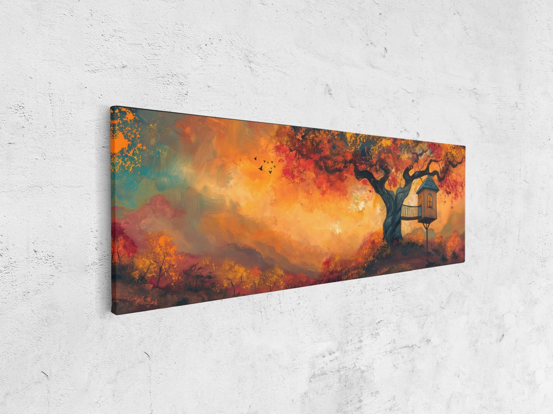 Autumn Treehouse Gnarled Old Tree Fiery Sunset Panoramic Poster - Image 4