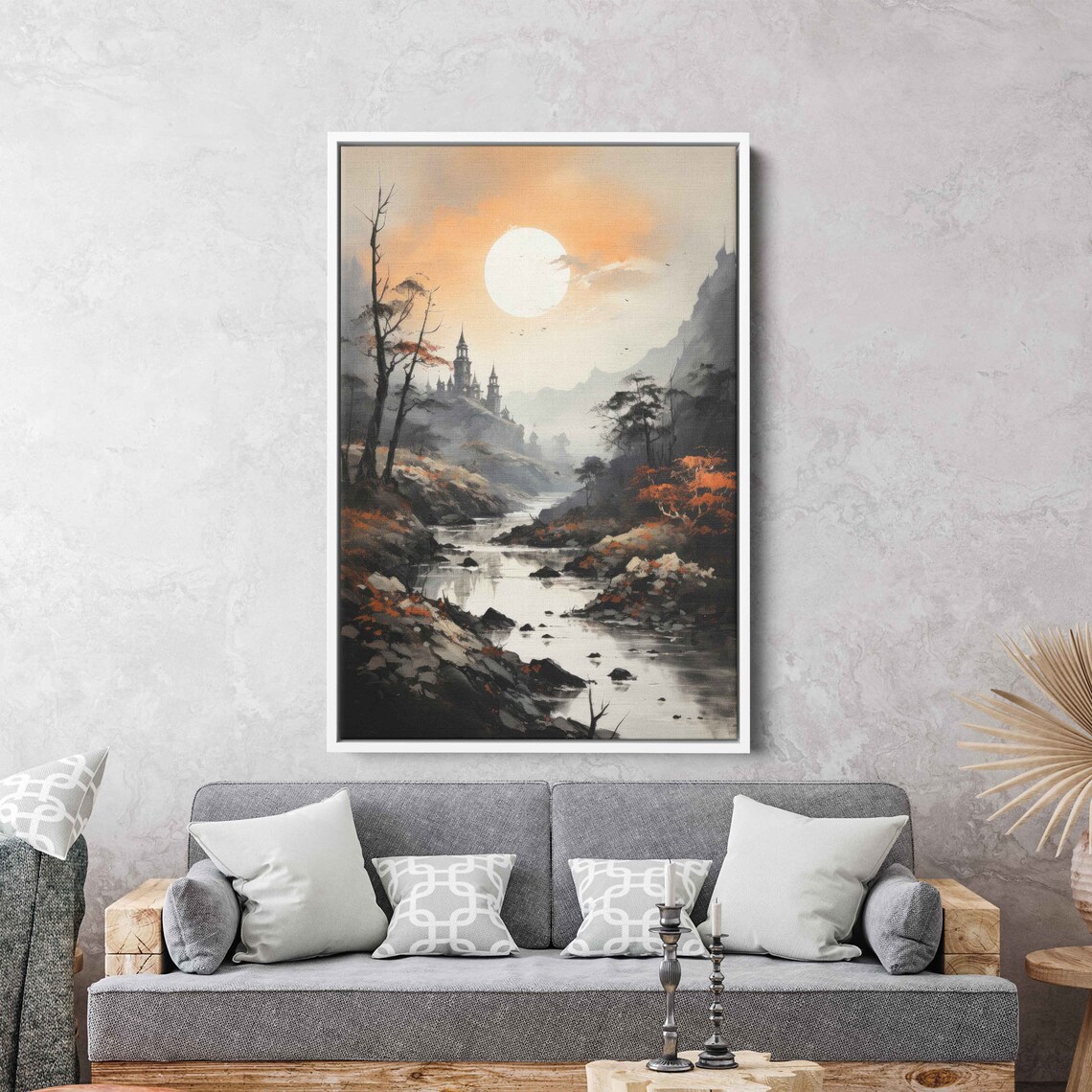 Watercolor River Castle Wall Art Print Dead Trees Medieval Castles Mountain Range Rising Sun Ready To Hang - Image 3