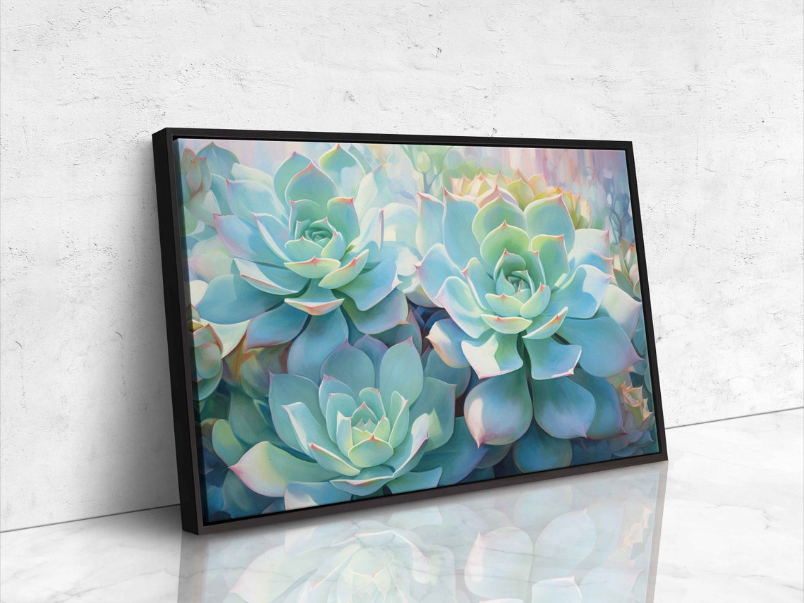 Blue Green Succulent Rosettes Painted Botanical Close Up Wall Art - Image 4