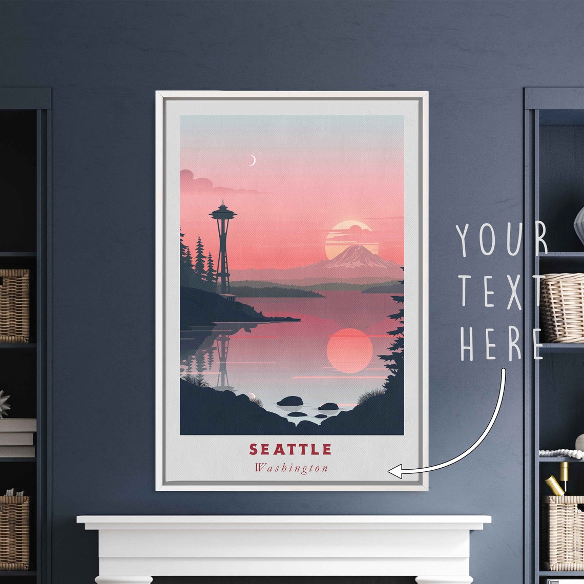 Seattle Washington Space Needle Mount Rainier Sunset Bay Poster
