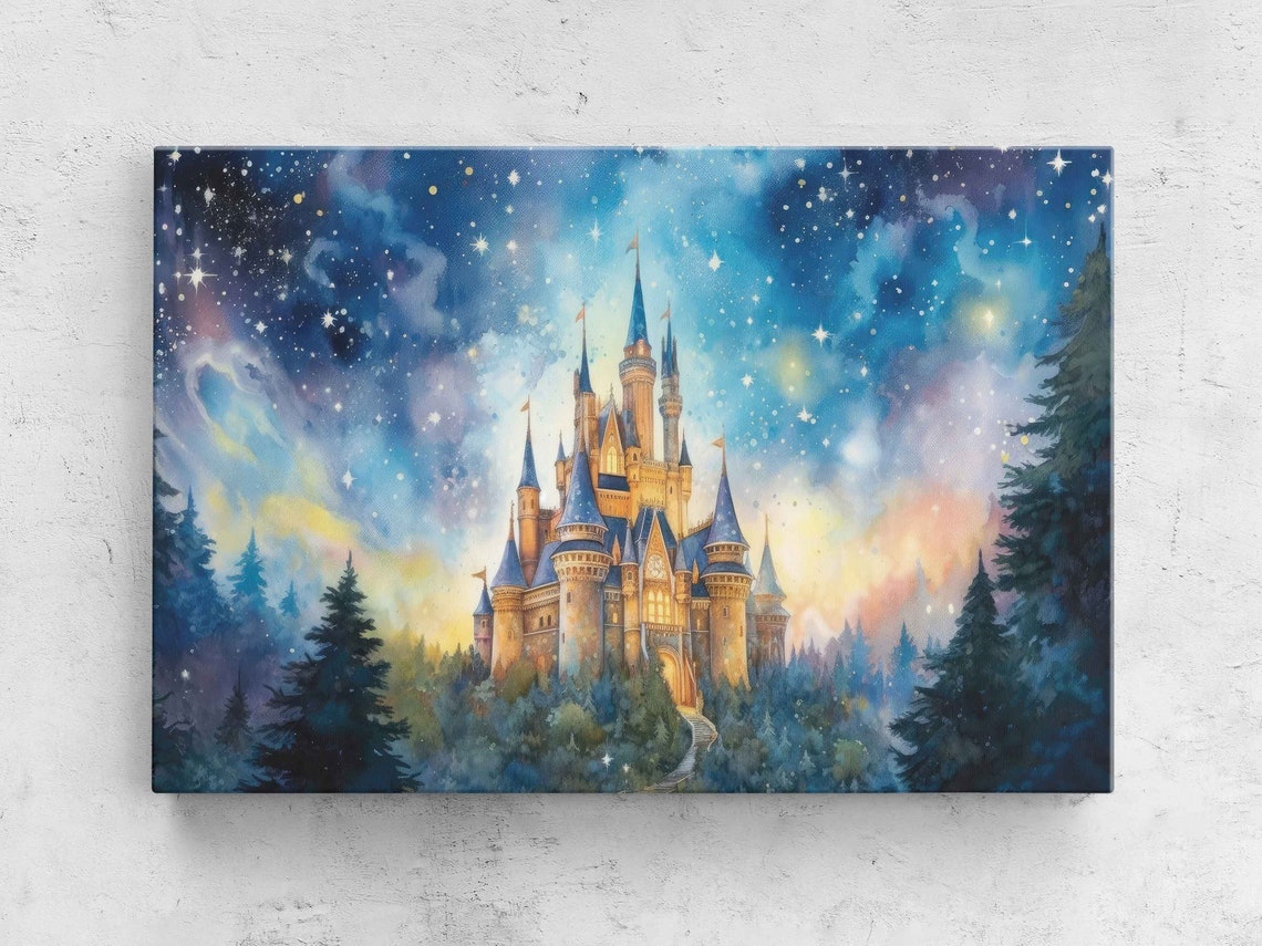 Fairy Tale Castle Among Pines Starry Blue Night Sky Wall Poster