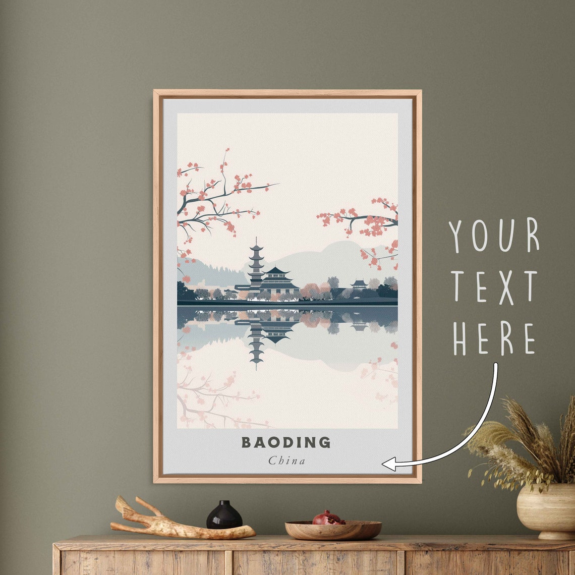 Baoding China Lakeside Pagoda Cherry Blossom Minimal Art Travel Poster