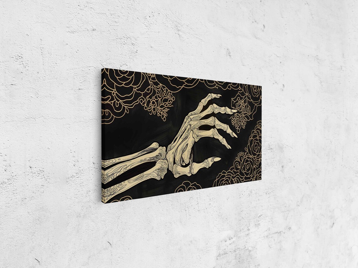 Golden Skeleton Hand Reaching On Black With Floral Outlines Gothic Art Print - Image 4
