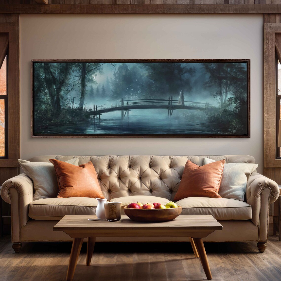 Ghost On Wooden Bridge Over Foggy River Moonlit Night Panoramic Print - Image 3