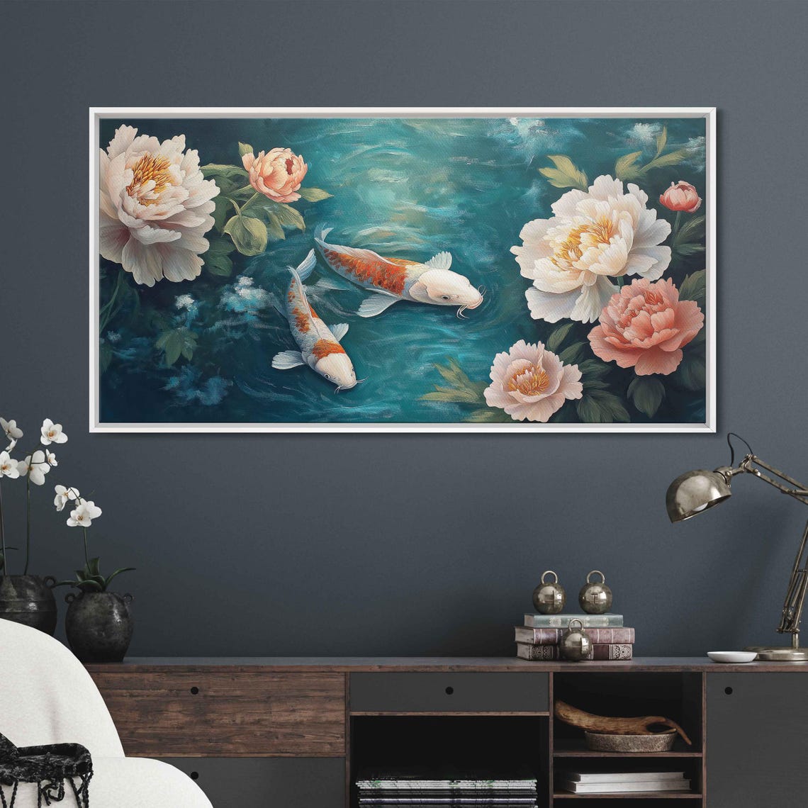 Koi Fish Swimming Teal Pond Pink Peonies Prosperity Floral Art Poster - Image 3