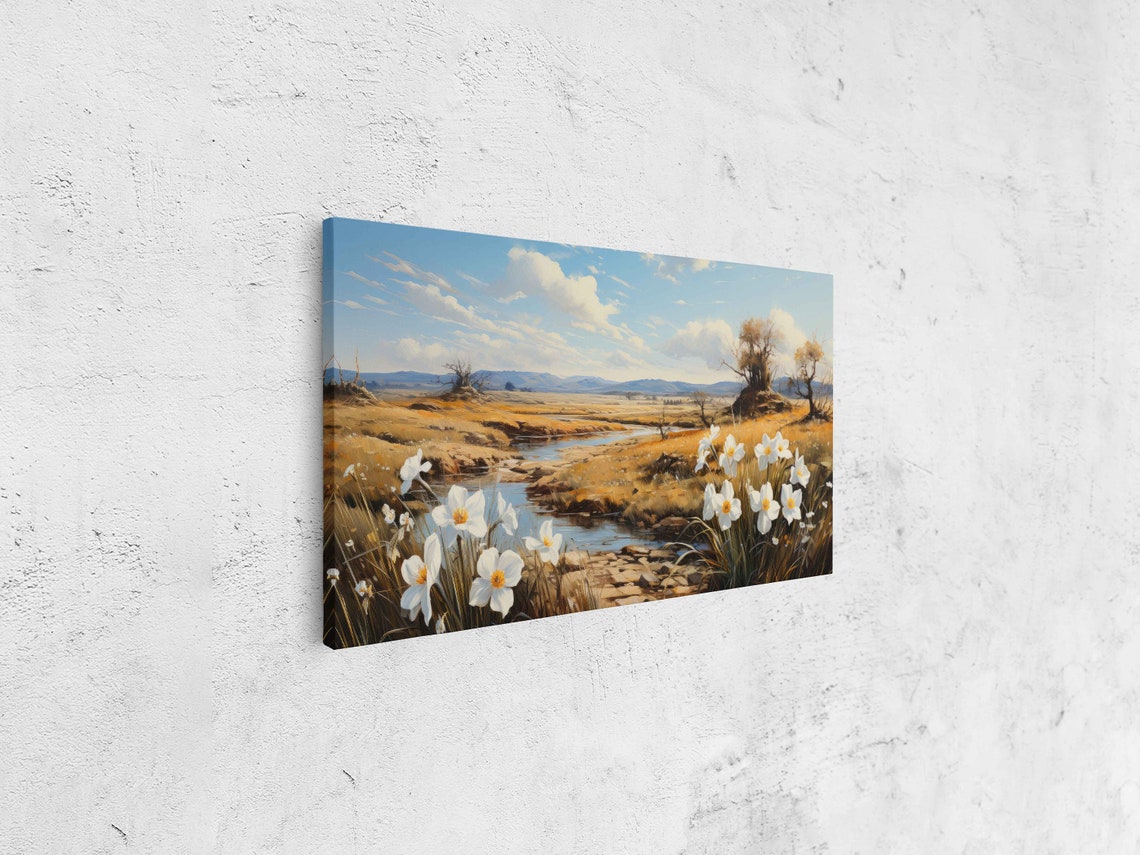 Daisies Overlooking Meadow Stream Wall Art Print Rural Landscape Gift For Nature Lover Ready To Hang - Image 4
