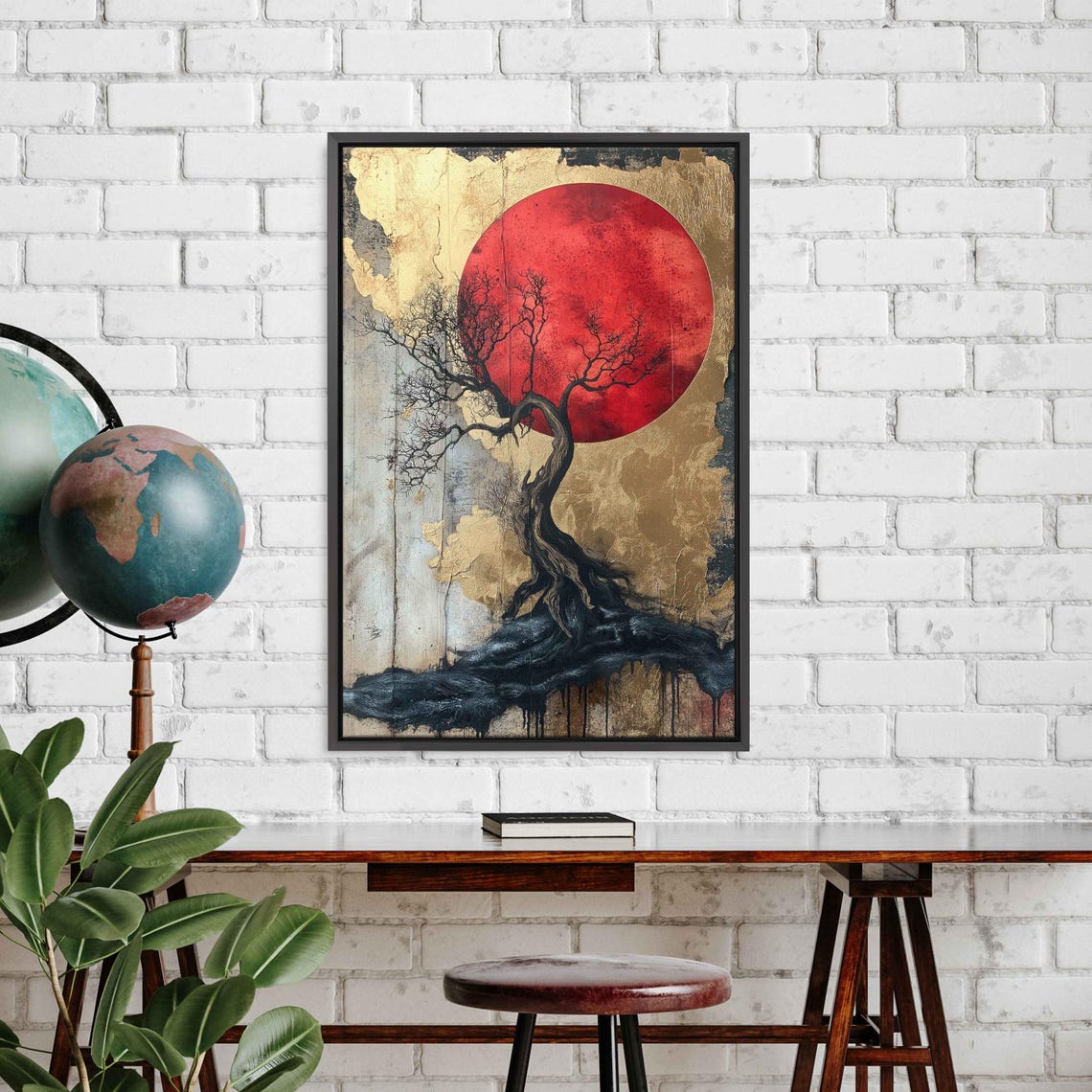 Twisted Bare Tree Giant Red Sun Gold Leaf Japanese Inspired Art Poster