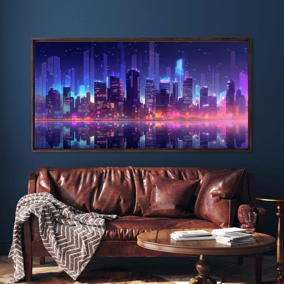Night City Skyline Neon Wall Art Print Vibrant Colors On The Water City Lights River Reflection Ready To Hang