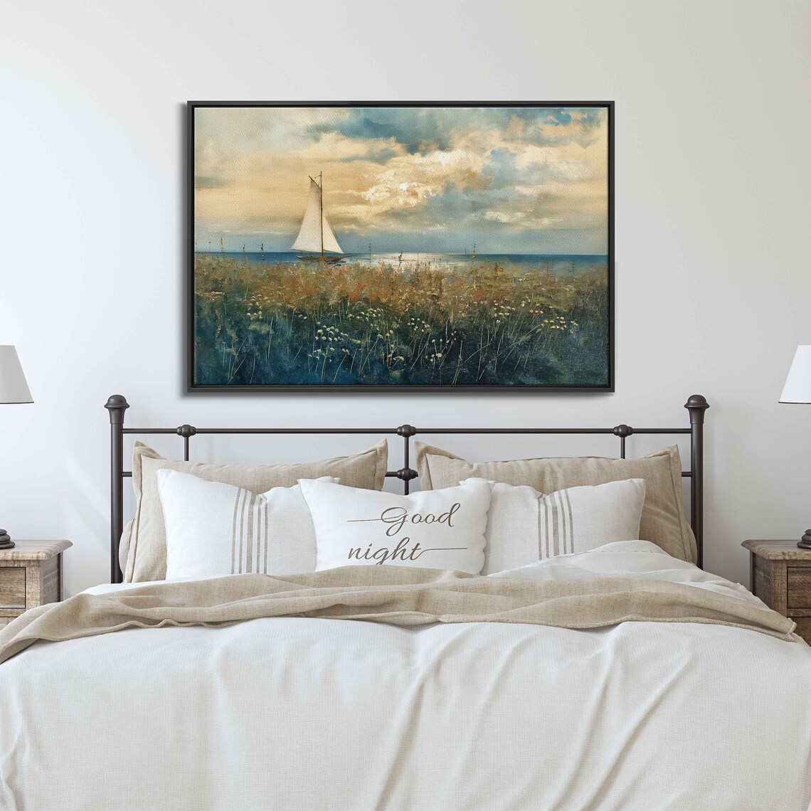 Vintage Sailboat White Sails Marsh Meadow Dramatic Cloudy Sky Painting Poster - Image 3
