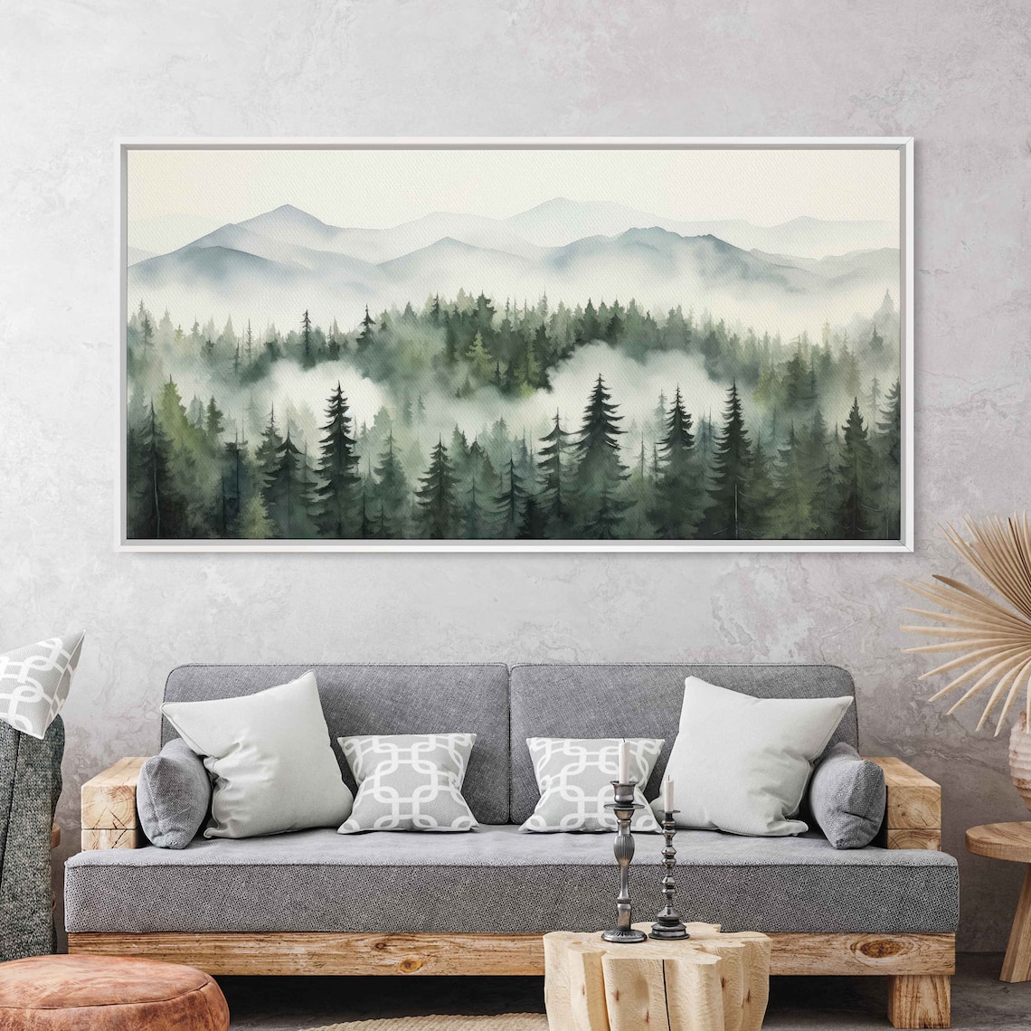 Foggy Forest Tree Line Watercolor Wall Art Print Mountain Range Ready To Hang - Image 2