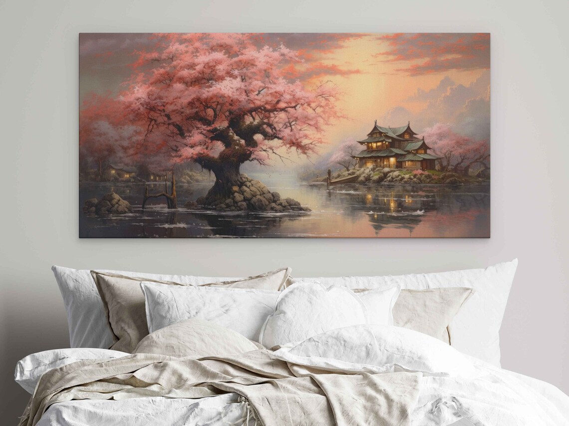Pink Cherry Tree Blossoms On A Lake With Japanese Building Dark Cloudy Day At Sunset Print On Ready To Hang