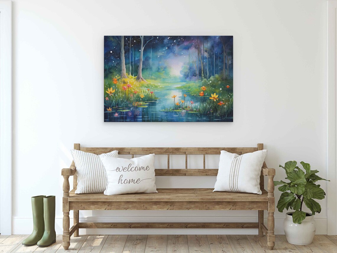 Watercolor Whimsical Pond In Forest Print On Ready To Hang Housewarming Gift Beautiful Bright Colors - Image 2