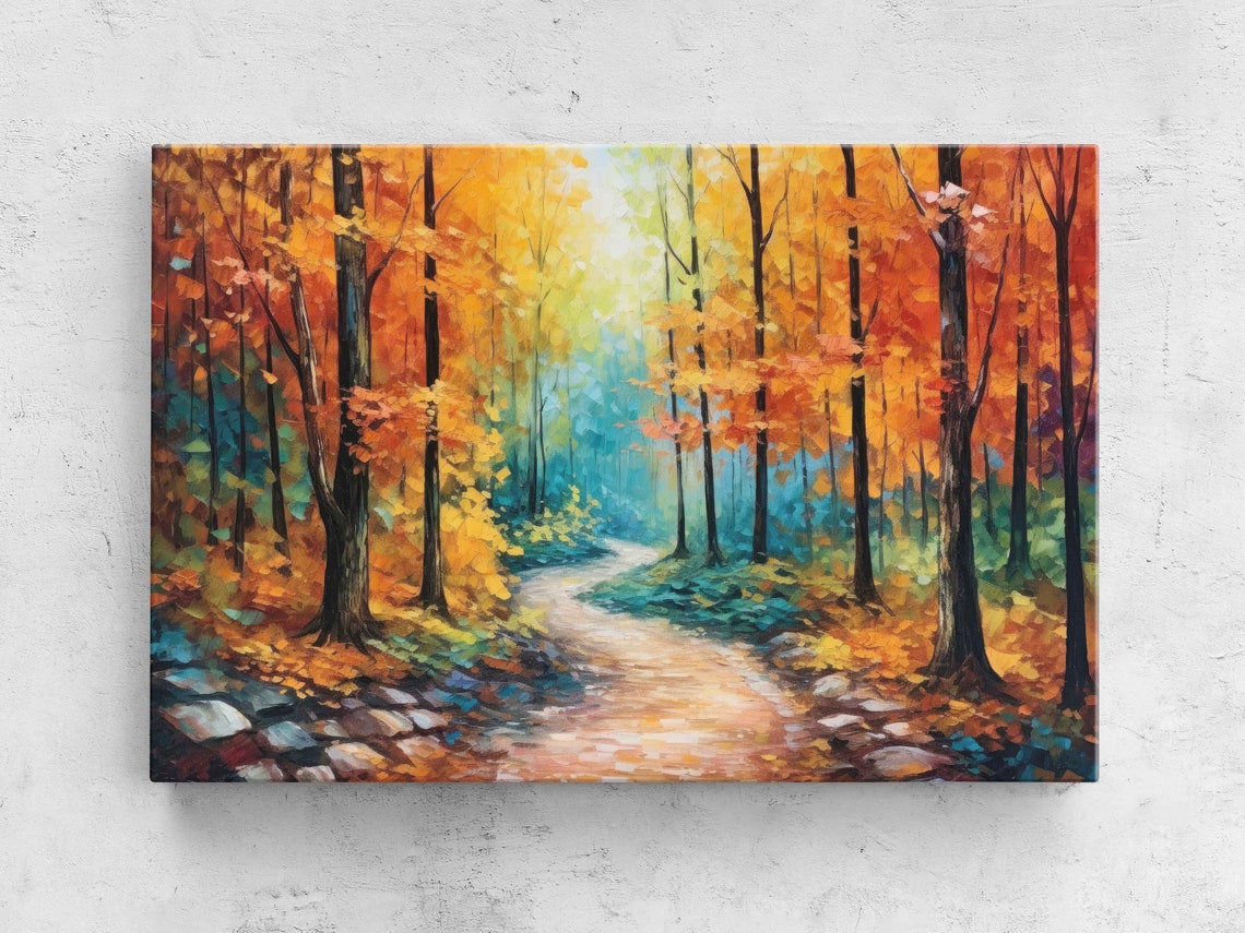 Autumn Forest Path Golden Orange Leaves Sunlit Trail Art Poster
