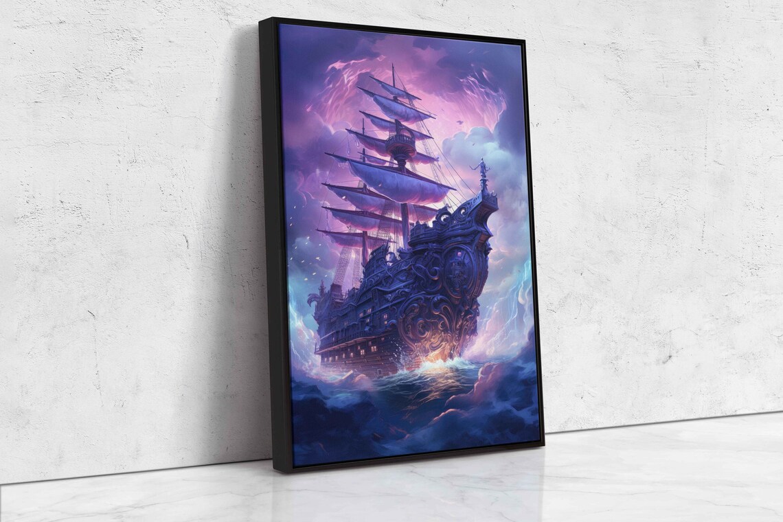 Ghostly Pirate Ship Tattered Sails Violet Storm Clouds Fantasy Ocean Poster - Image 4