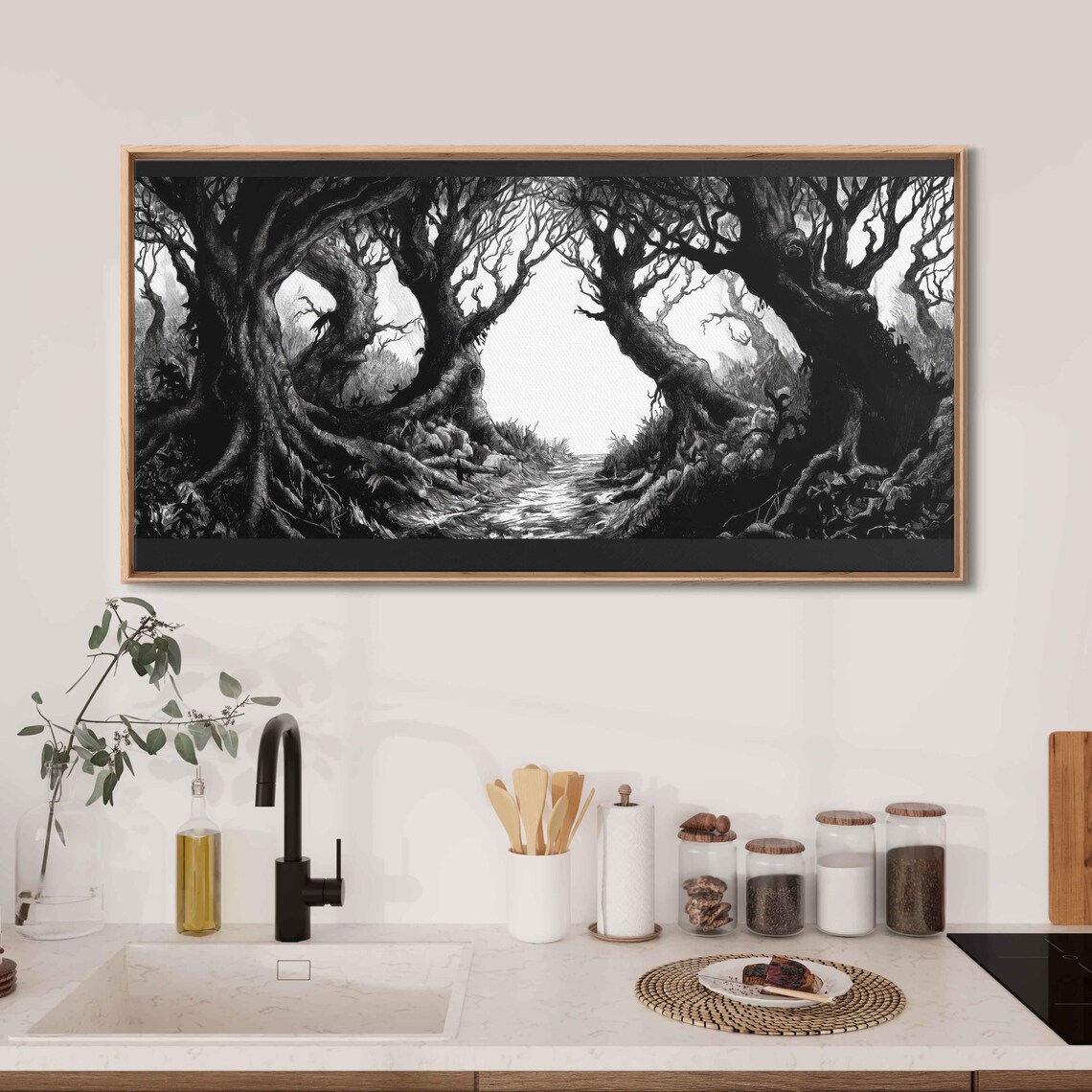 Archway of Leaning Gnarled Trees Over Winding Path Ink Halloween Poster - Image 3