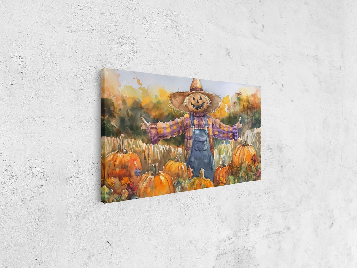 Cheerful Scarecrow In Pumpkin Patch Fall Harvest Watercolor Poster - Image 4