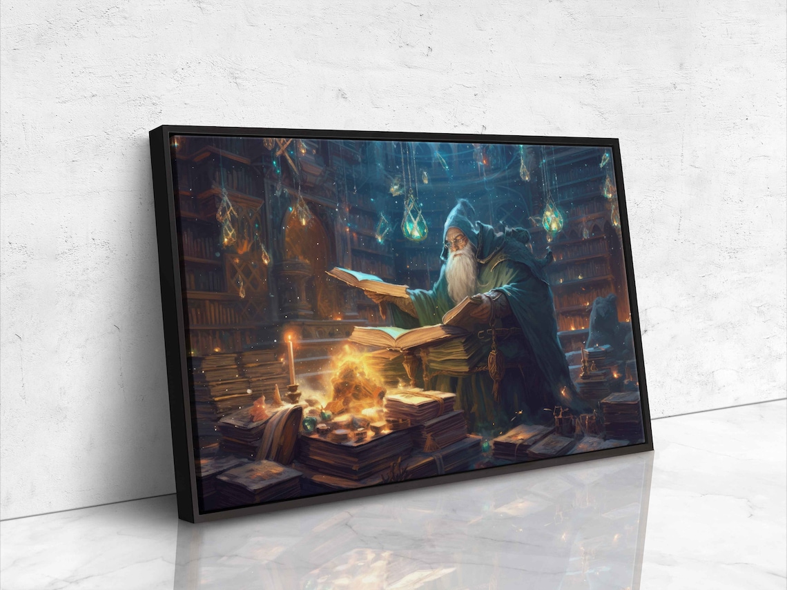 Wizard Reading Spellbooks Magical Library Candlelight Fantasy Painting Print - Image 4