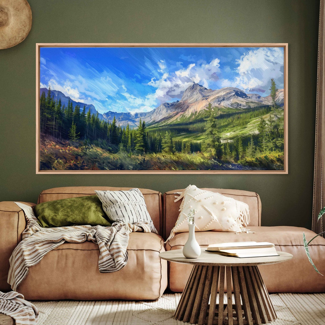 Majestic Mountain Valley Pine Forest Vibrant Blue Sky Landscape Poster