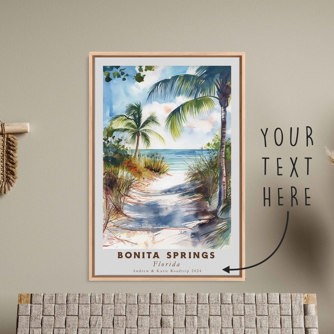 Bonita Springs Florida Beach Dune Path Palms Ocean Watercolor Poster - Image 3