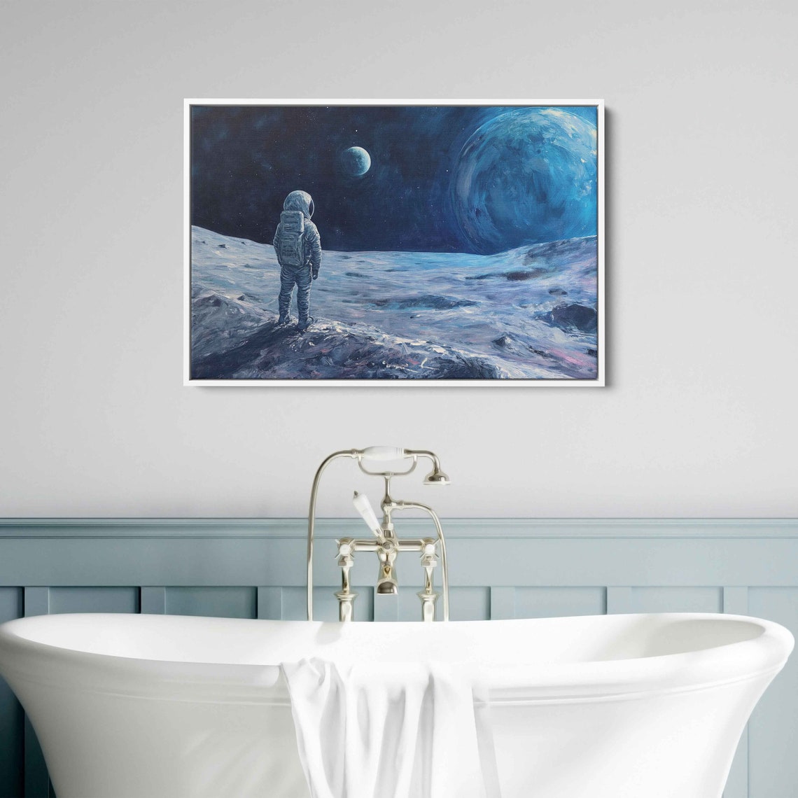 Astronaut Standing Moon Surface Earth Starry Sky Space Painting Print - Image 3