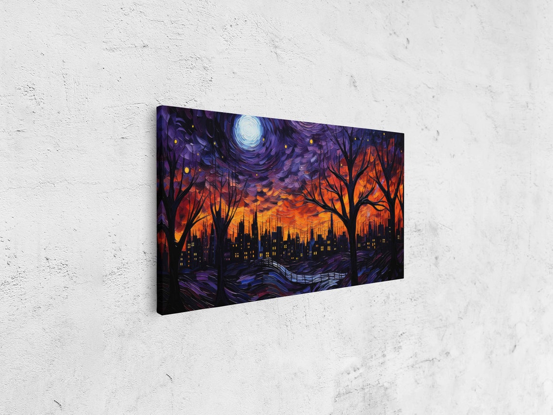 Starry Night Halloween Spooky Town Full Moon Van Gogh Style Print - Image 4