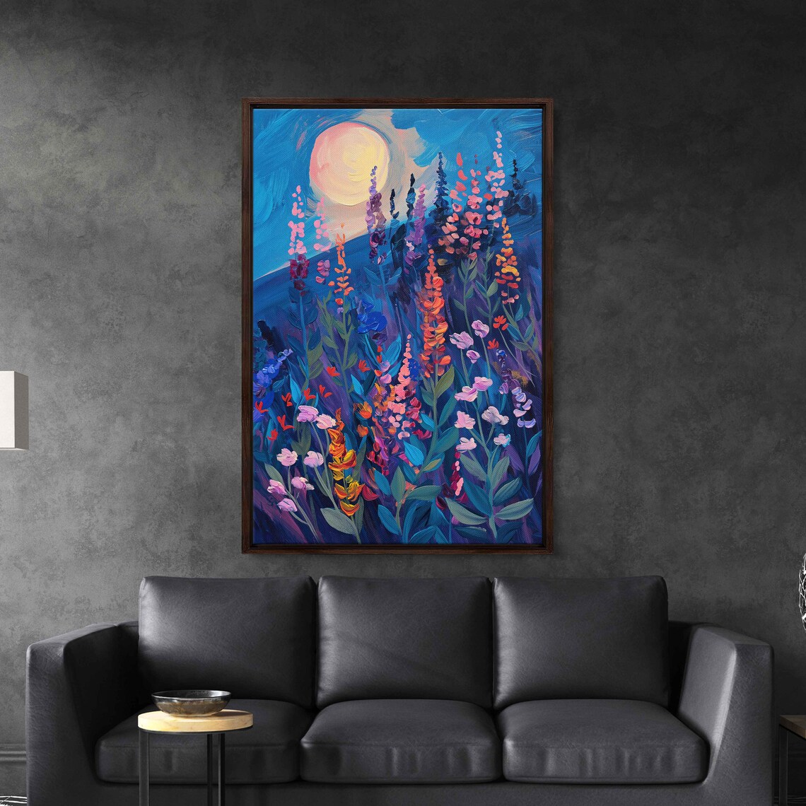 Wildflower Field Full Moon Starry Night Vibrant Floral Meadow Art Poster - Image 2