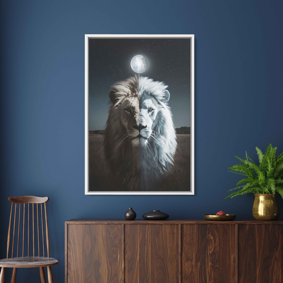Lion Portrait Split Moonlight Full Moon Night Sky Majestic Animal Art Poster - Image 3