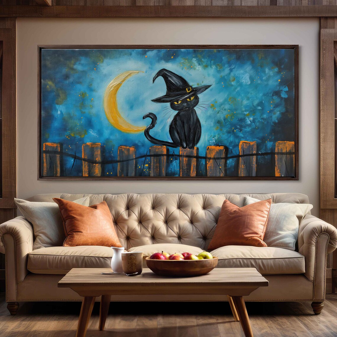 Black Cat Witch Hat Starry Night Sky Golden Moon Halloween Wall Art