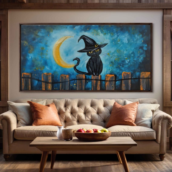 Black Cat Wearing Witches Hat Sitting On Wooden Fence Under Crescent Moon Acrylic Wall Art Print Starry Night Sky Ready To Hang