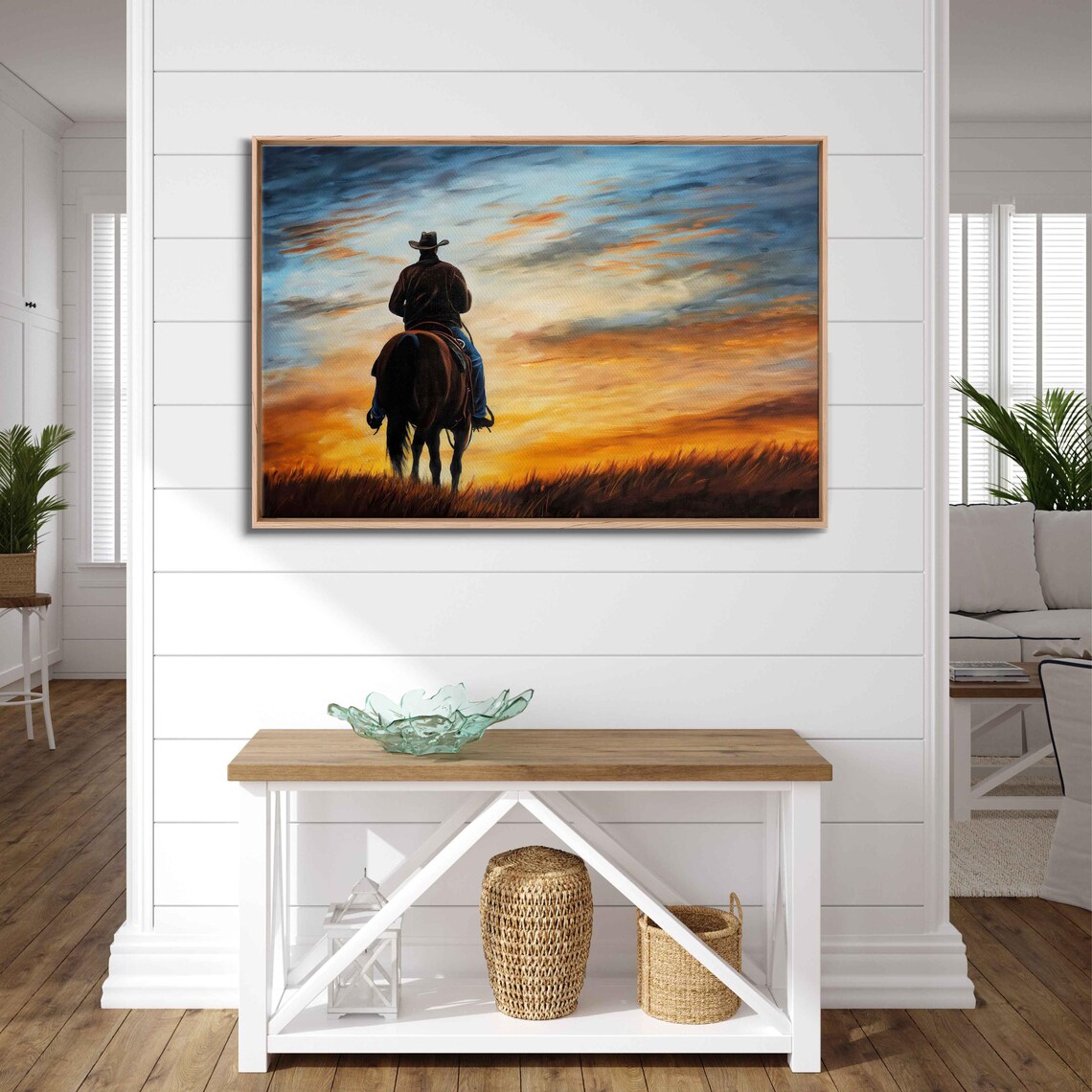 Cowboy Riding Horse Into Sunset Silhouette Western Scenic Poster - Image 3