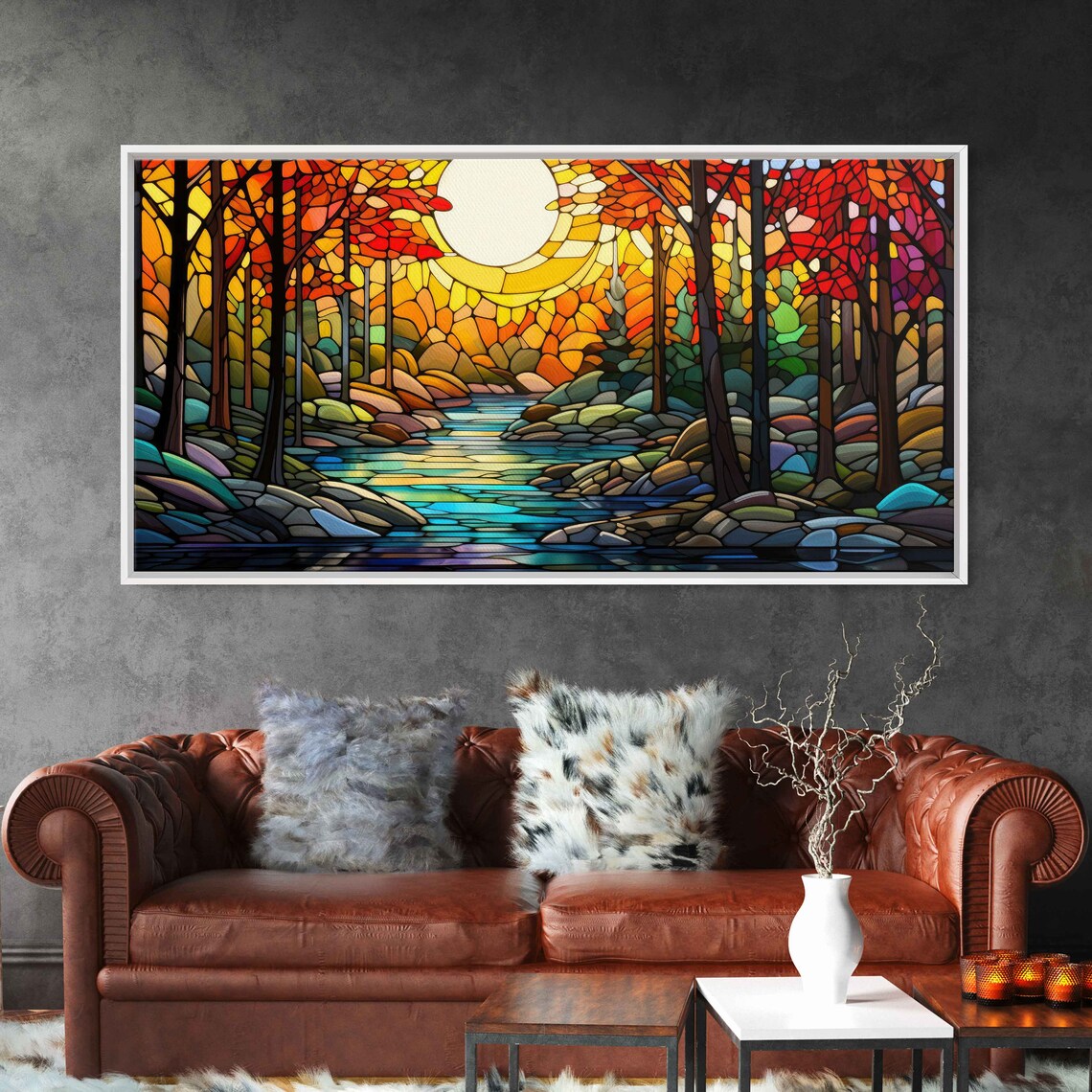 Mosaic Sunlit Forest Stream Wall Art Print Beautiful Vibrant Colors Mountain Range Ready To Hang