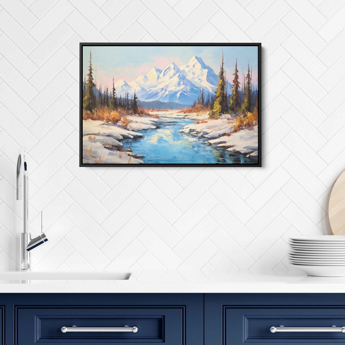 Snowcapped Mountain Range Frozen River Winter Landscape Painting Poster - Image 3