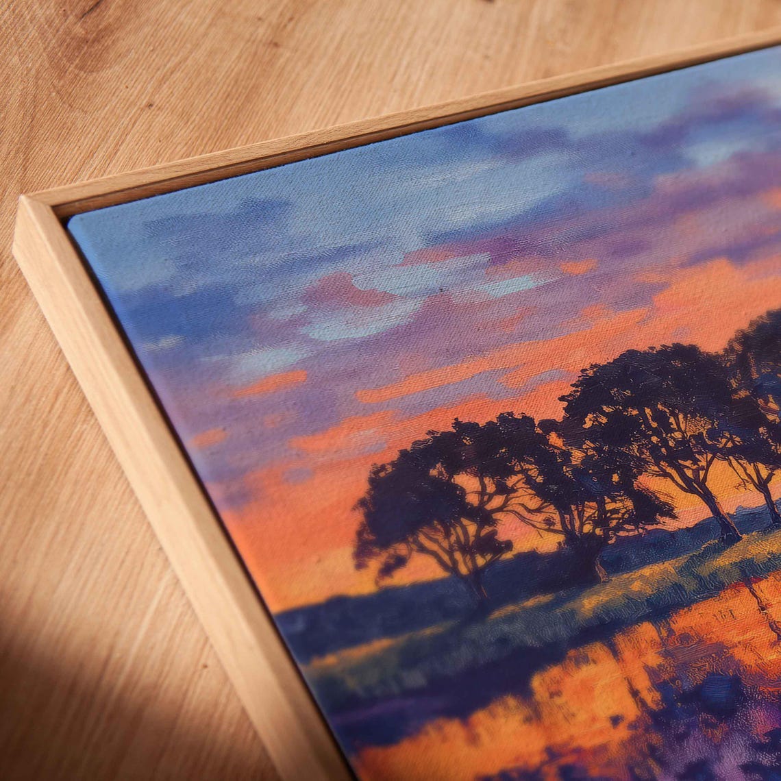 Sunset Silhouettes Of Oak Trees Reflecting In Tranquil Pond Poster - Image 2