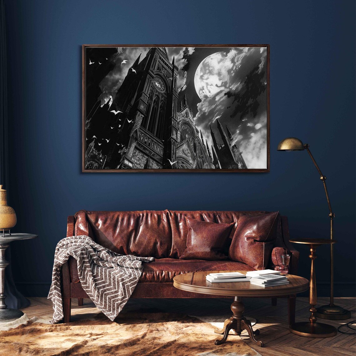 Gothic Clocktower Under Full Moon Flying Bats Night Sky Halloween Poster - Image 3