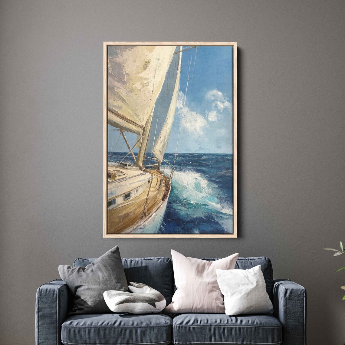 Yacht Bow Cutting Through Waves Big Sails Ocean Sailing Painting Print
