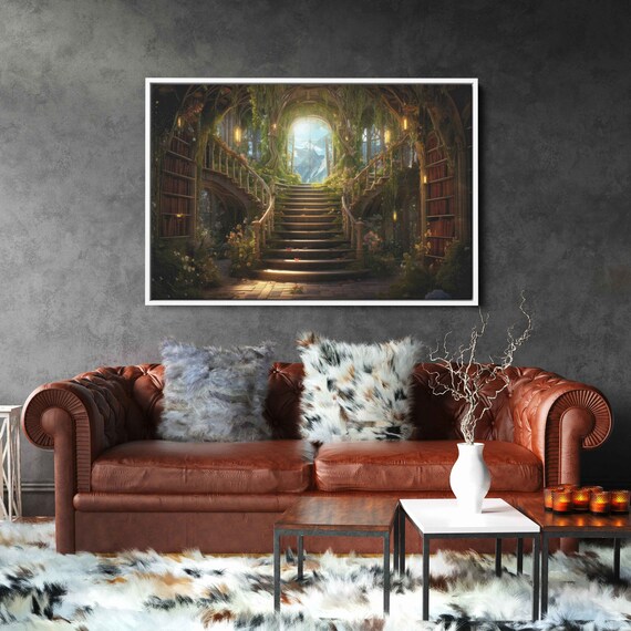 Enchanted Treehouse Library Spiral Bookshelf Staircase Vines Fantasy Print