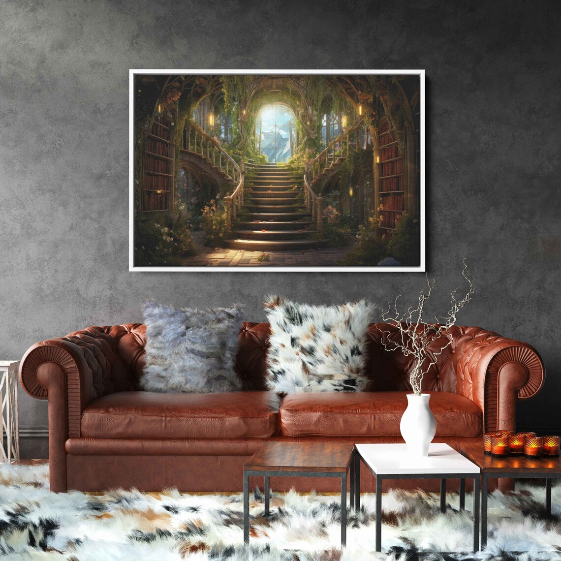 Enchanted Treehouse Library Spiral Bookshelf Staircase Vines Fantasy Print