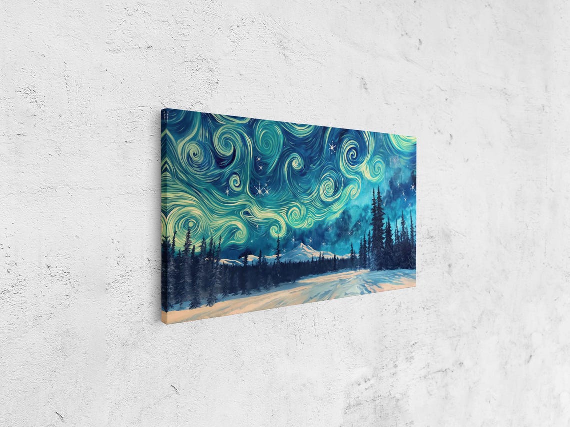 Teal Starry Night Swirls Over Snowy Forest And Mountain Peak Poster - Image 4