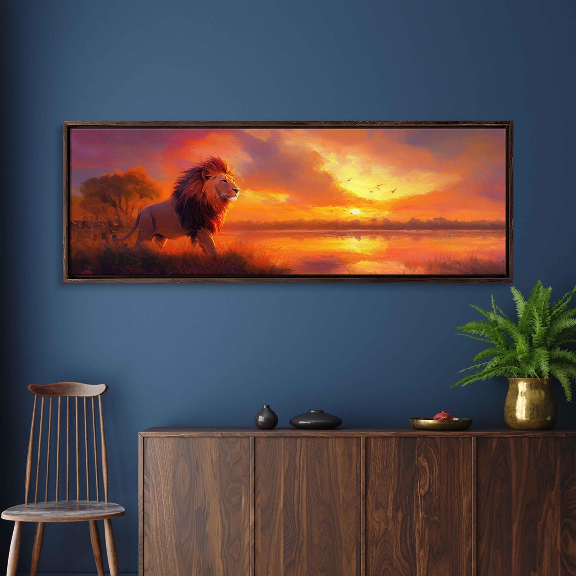 Mighty Lion At Water's Edge Fiery Sunset Panoramic Wildlife Poster - Image 3