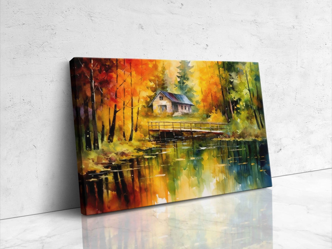 Colorful Watercolor Cabin In The Woods Bridge Over Pond Framed Print Rustic Decor - Image 4