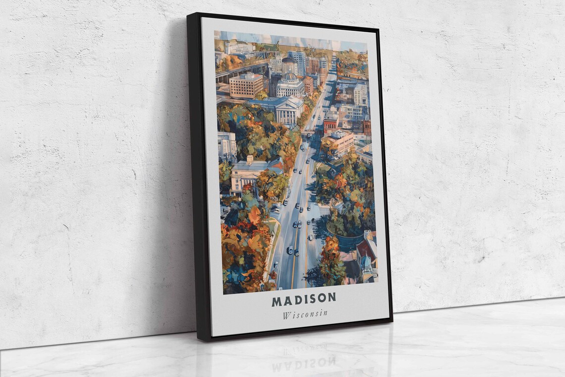 Madison Wisconsin State Capitol Dome Autumn Street Aerial View Poster - Image 2
