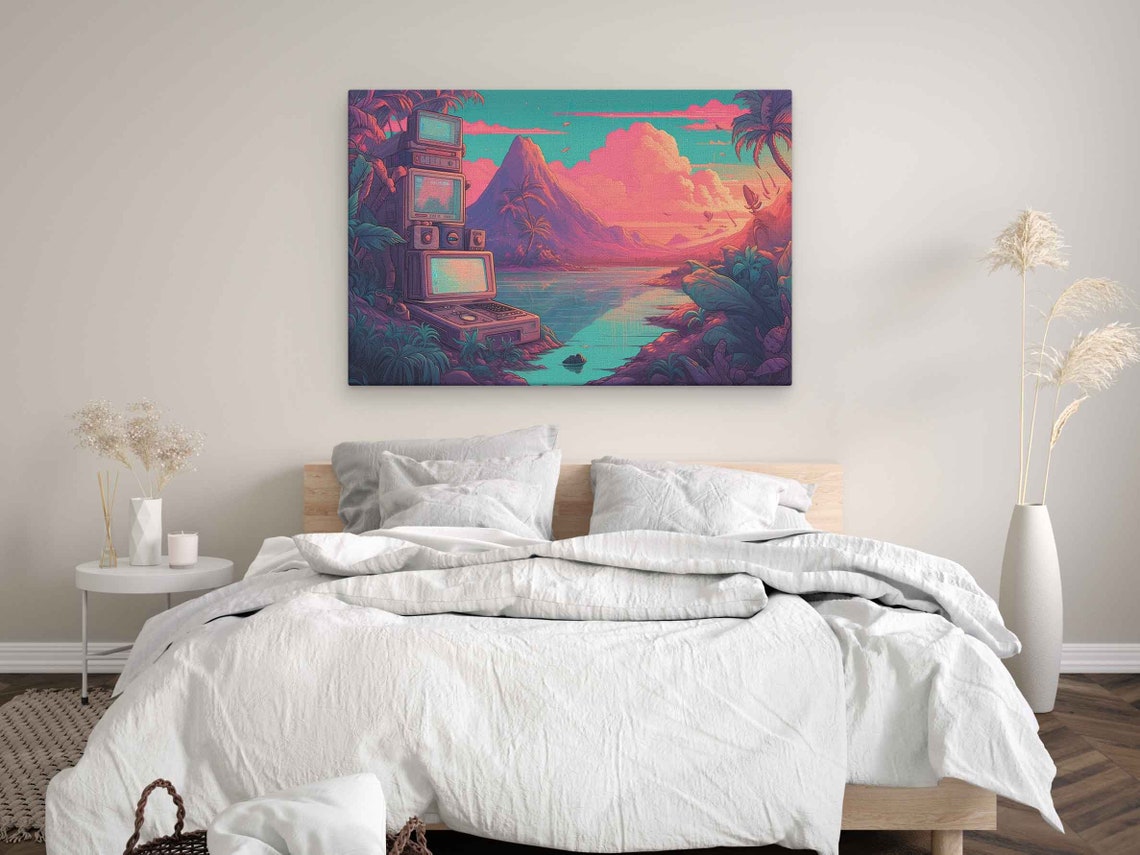 Retro Computers On Tropical Island Vaporwave Mountain Sunset Art Print - Image 3